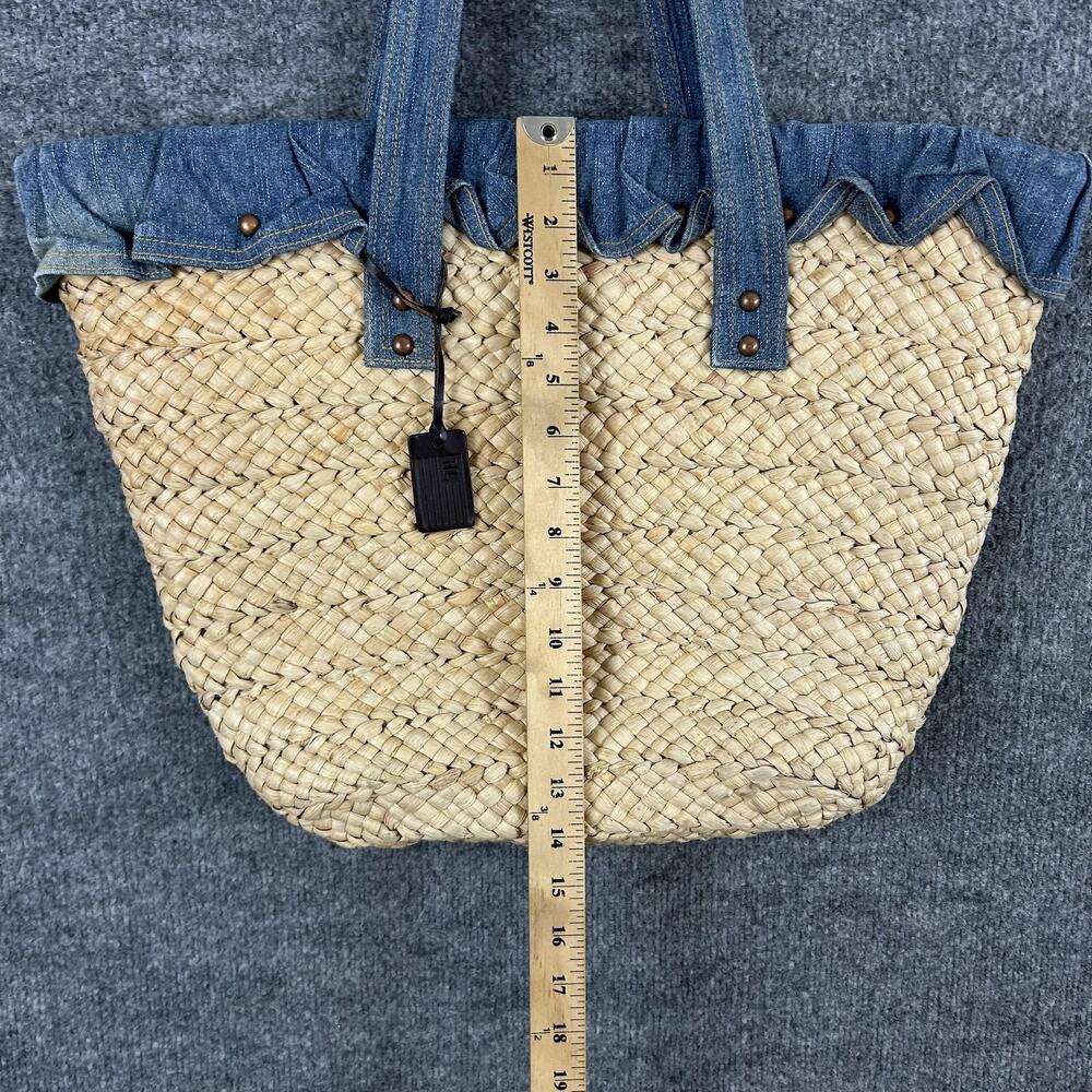 Vintage Ralph Lauren Straw Tote Bag Large Beige Denim Trim Beach Boho Summer - Picture 13 of 15